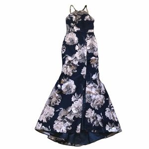 Dylan Gray Navy & Pinkish Silver Floral Prom Gown